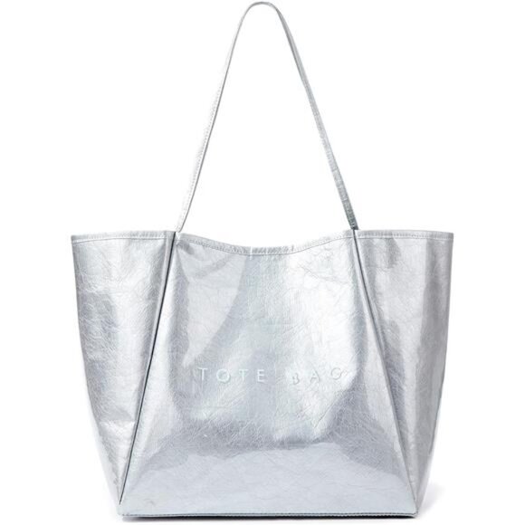 Women’s Large PVC Silver Tote Bag Oversized Shopper Handbag with Shoulder Straps - Picture 2 of 8
